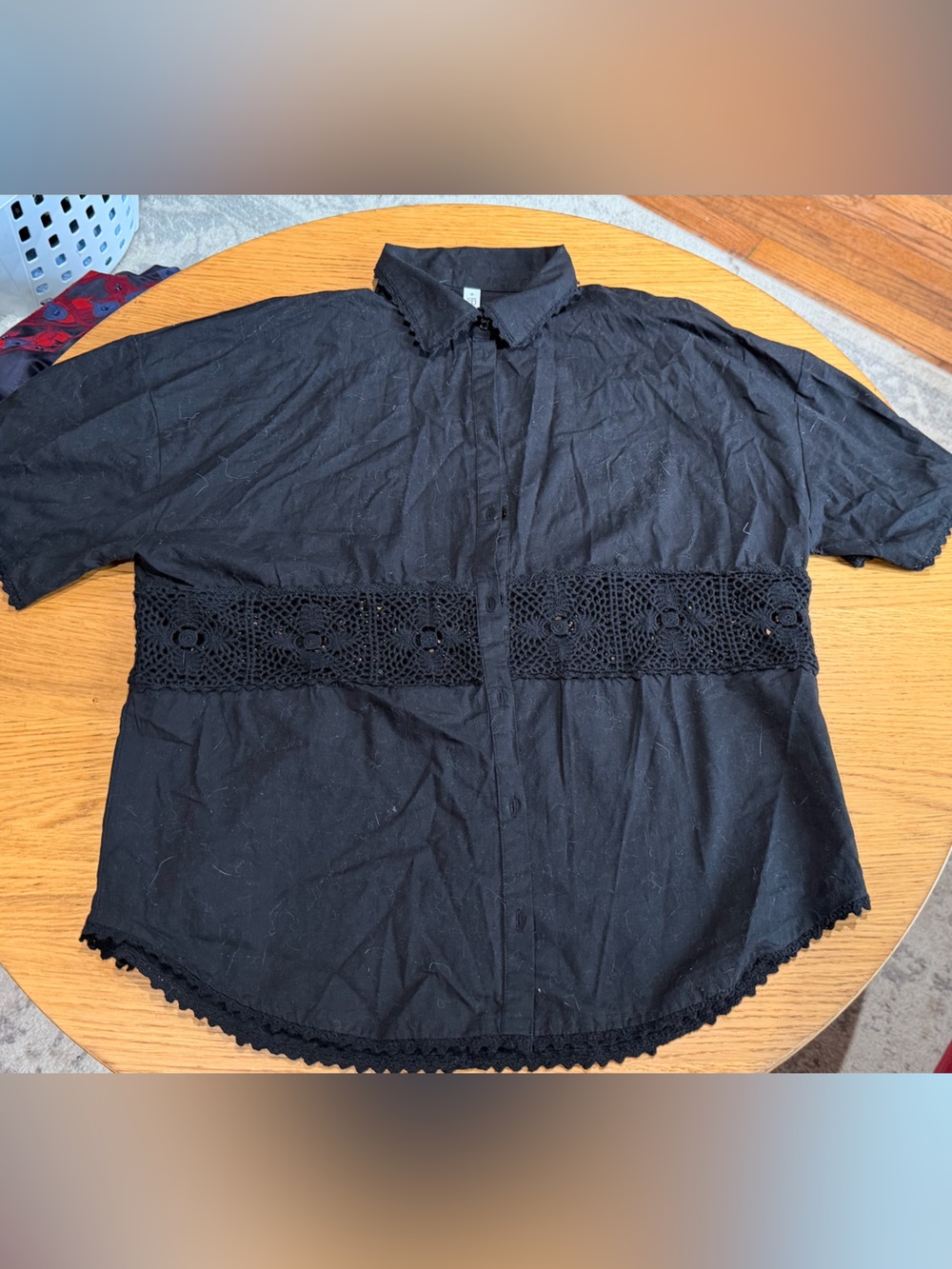 Black Crochet-Trim Short Sleeve Organic Cotton Top